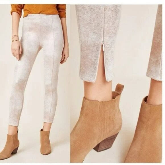 by Anthropologie White Gold Shimmery Leggings 28P Faux Suede High Rise Metallic - Picture 3 of 14